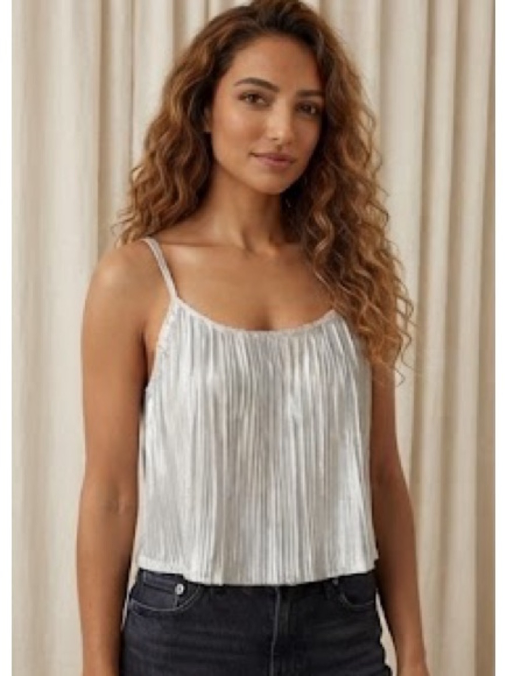 Silver Top- Spaghetti Strap Pleated Cami Top -Top Shop